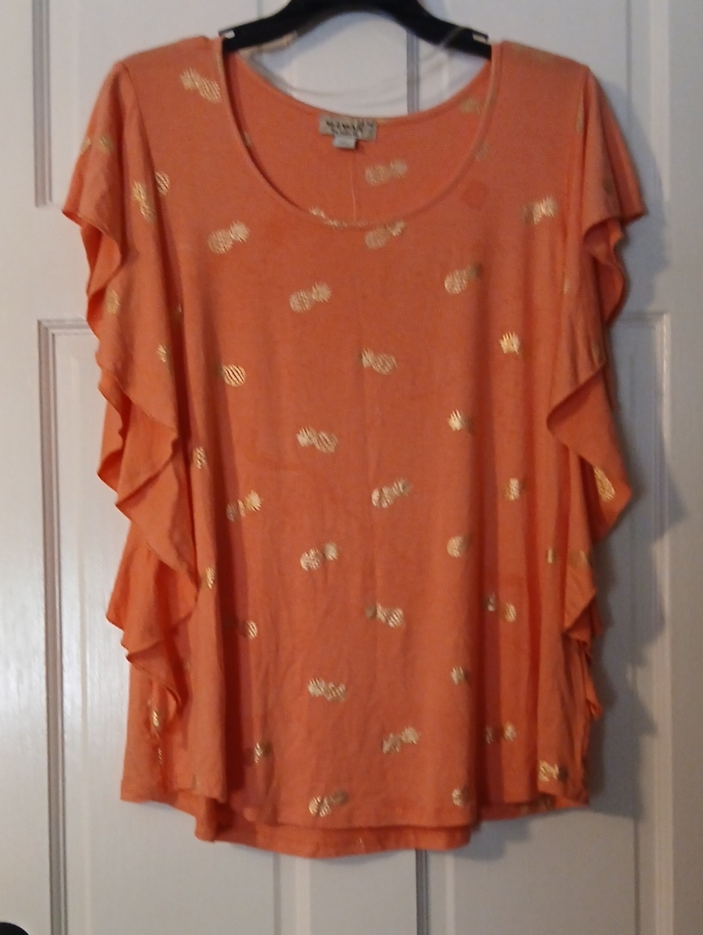One World Coral Orange Ruffle Sleeve Top with Gold Foil Pinapple Accents